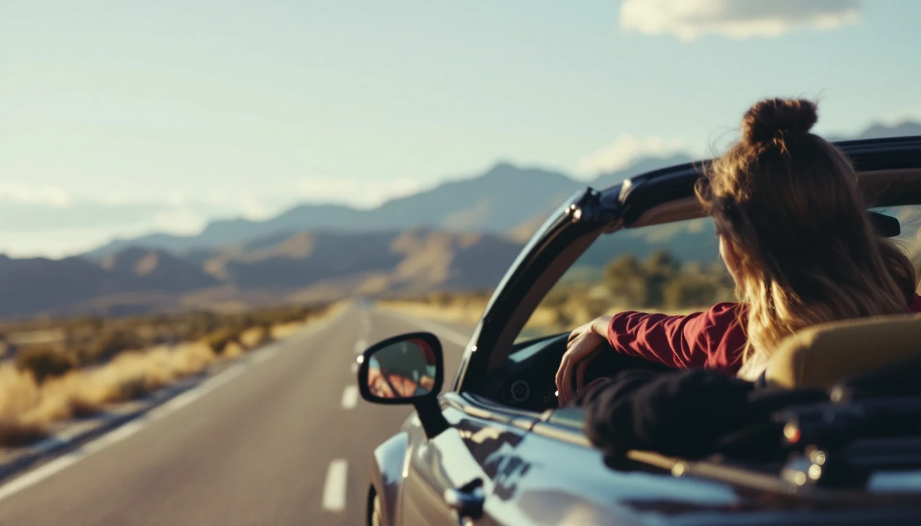 Person driving a convertible along an open highway through a desert landscape, enjoying a scenic road trip with mountains in the distance.