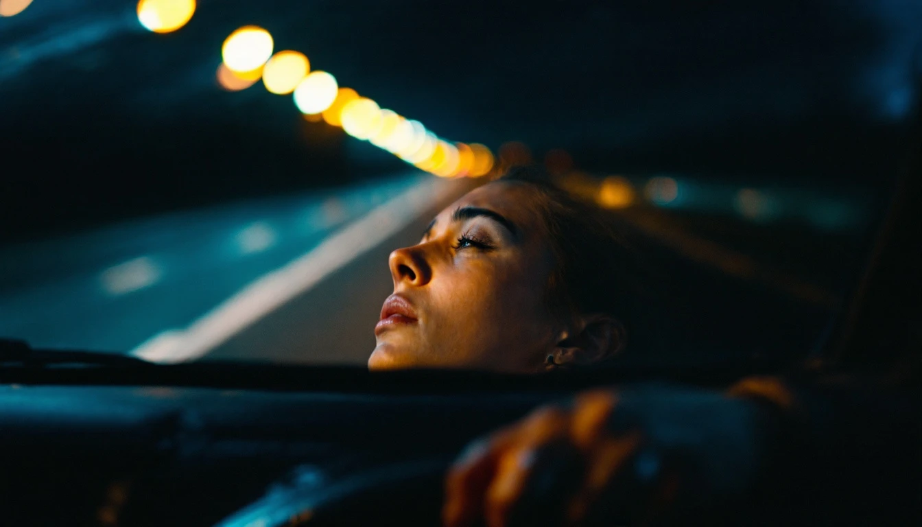Tired woman driving at night with blurred highway lights in the background, illustrating driver fatigue and drowsy driving risks on long road trips