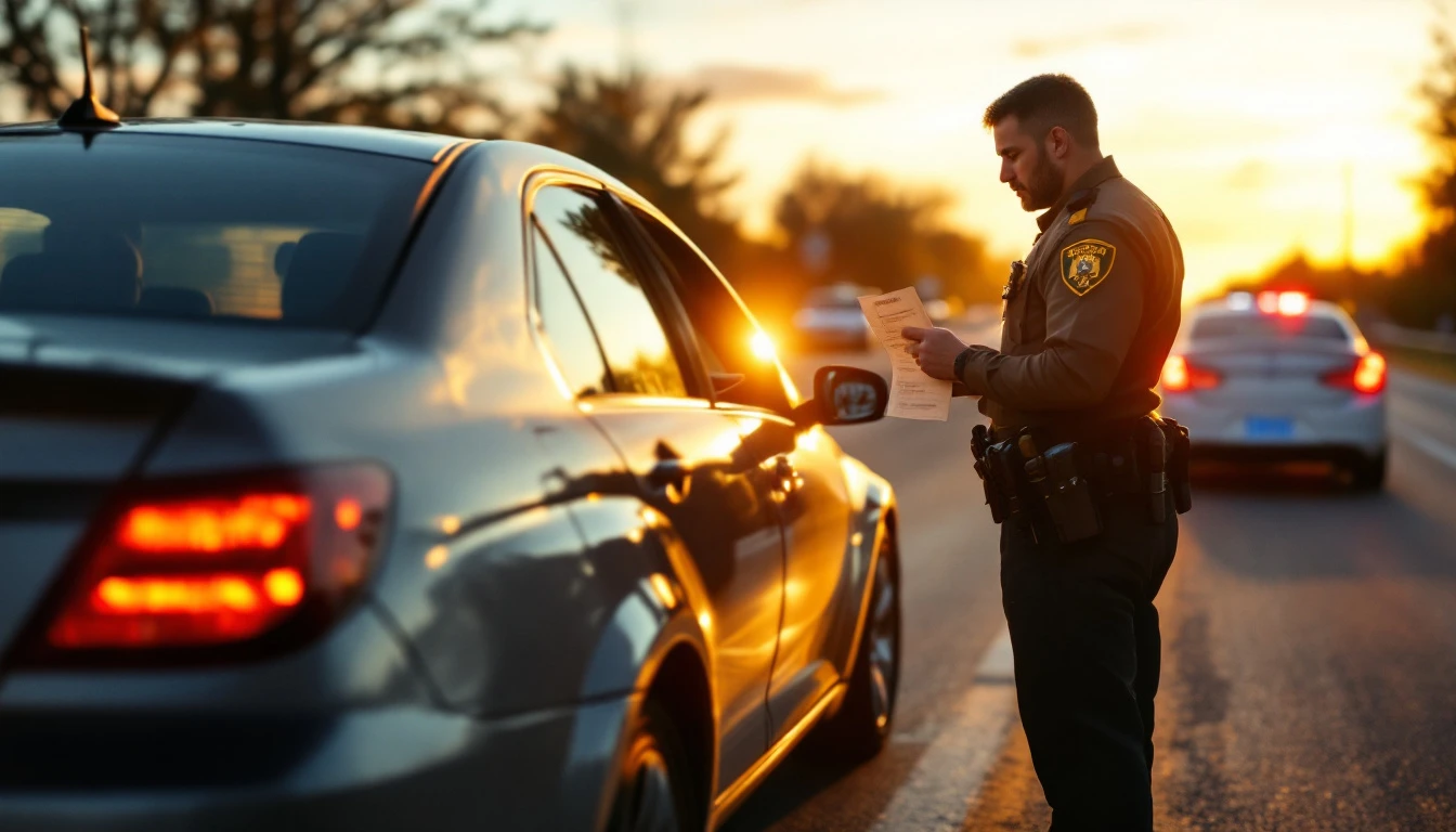 Police officer checking documents during traffic stop on highway at sunset with stopped vehicles behind