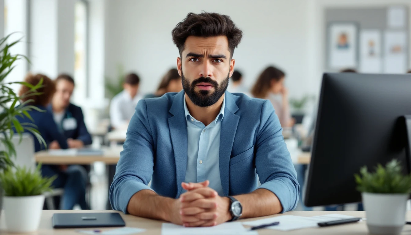 Professional man at office desk looking frustrated about administrative error, representing DMV registration problem solving