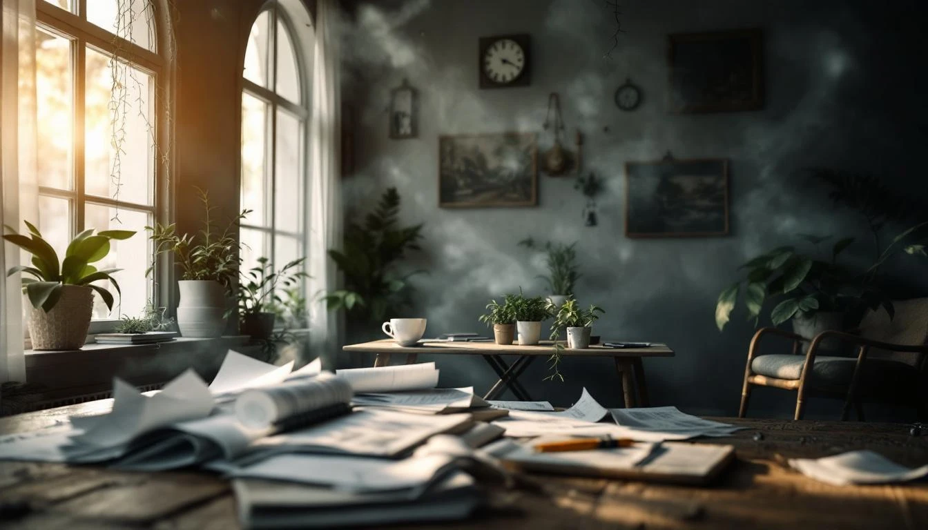 Scattered paperwork and documents on desk with plants and coffee