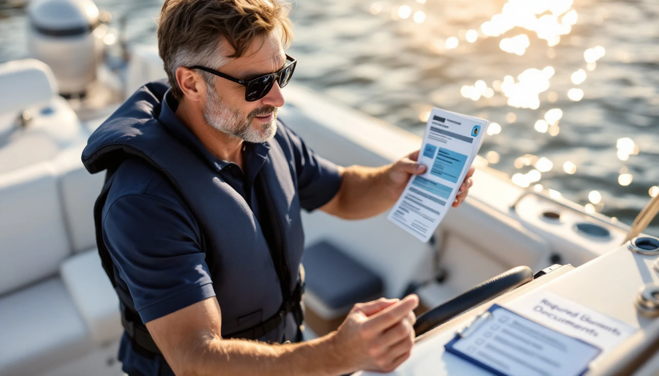 Man reviewing boat registration documents on deck while cruising across state waters during sunny day