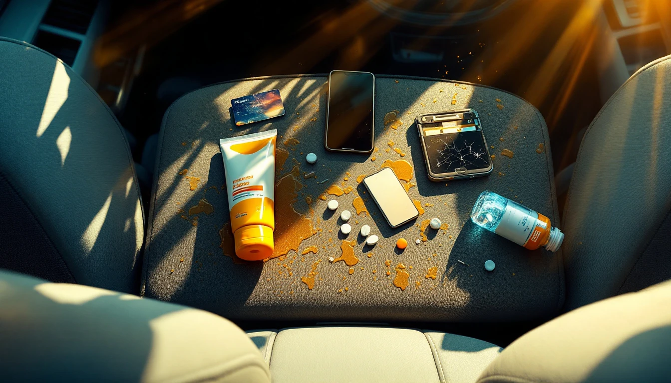 Car dashboard displaying items damaged by heat: sunscreen, phones, medications, and wallet in hot vehicle.