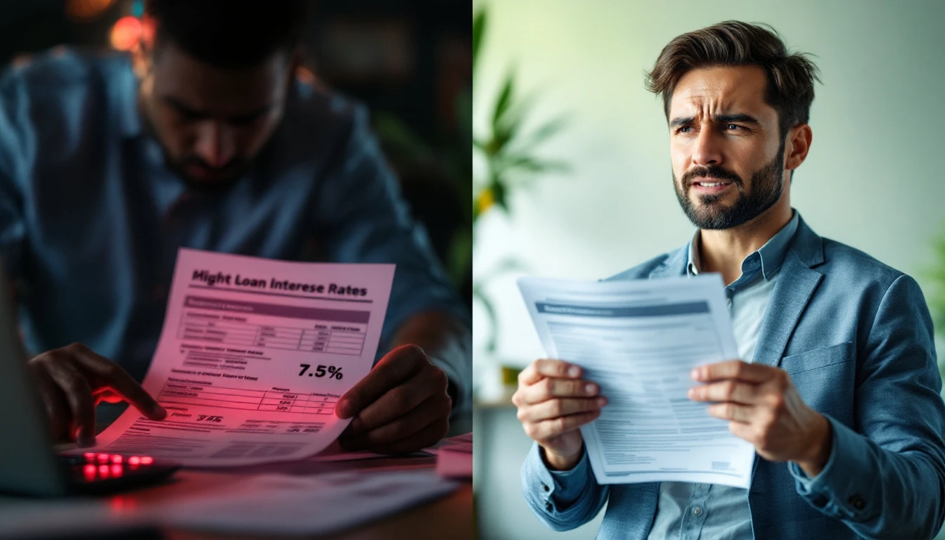 Man reviewing auto loan interest rates document showing 7.5% fee while shopping for vehicle financing