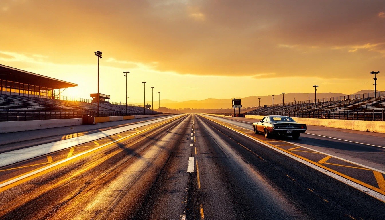 Empty drag strip at sunset with white center line and stadium seating, symbolizing IHRA racetracks up for auction