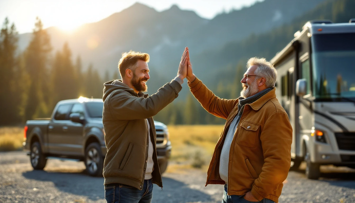 Two men high-five at a campground with pickup trucks and RV, celebrating Montana vehicle registration success