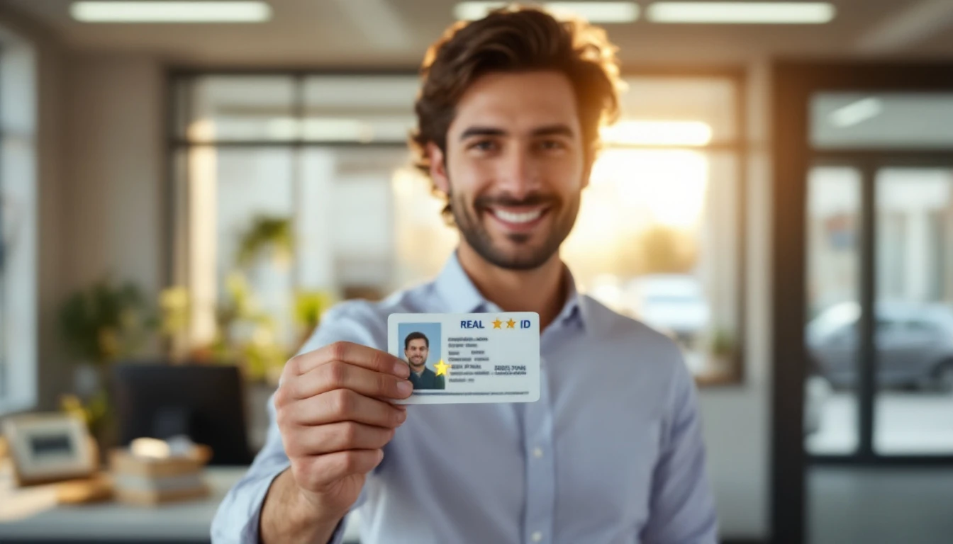 Man holding and displaying REAL ID card in modern office setting for travel identification
