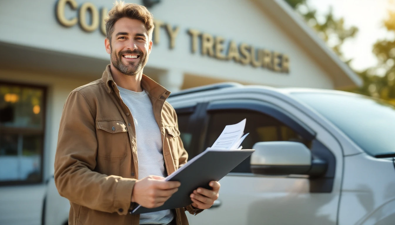 Man holding clipboard next to vehicle at county treasurer office for South Dakota car registration process