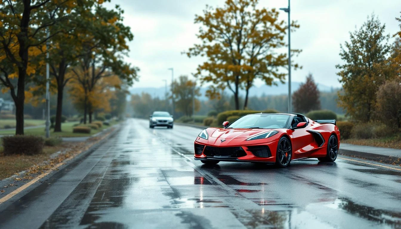 Red Chevrolet Corvette driving on a wet tree-lined road during autumn, representing luxury vehicle registration, legal road use, and specialty car ownership.