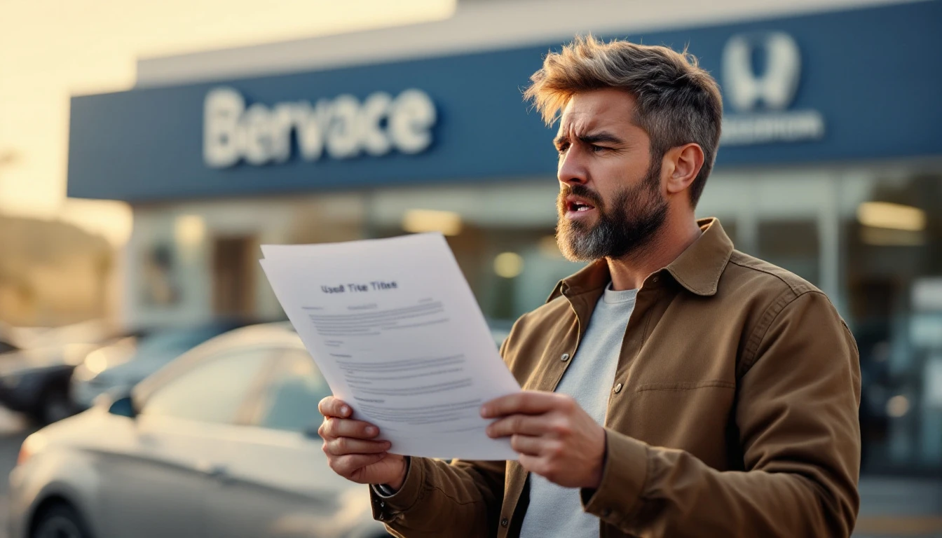 Man reviewing car purchase paperwork at dealership lot discovering title discrepancy issue