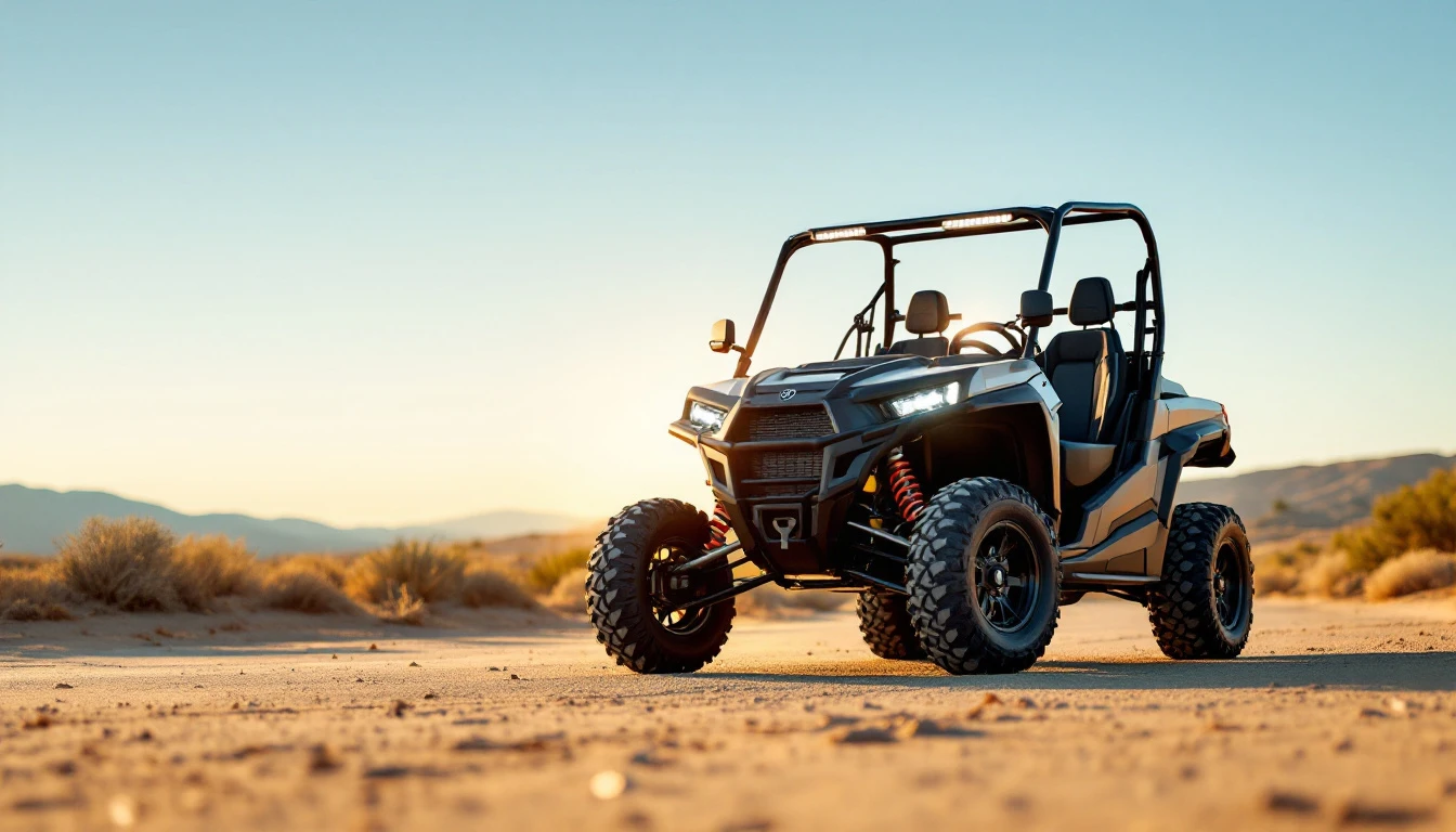 Blue and tan side-by-side UTV parked on desert terrain with mountains in background