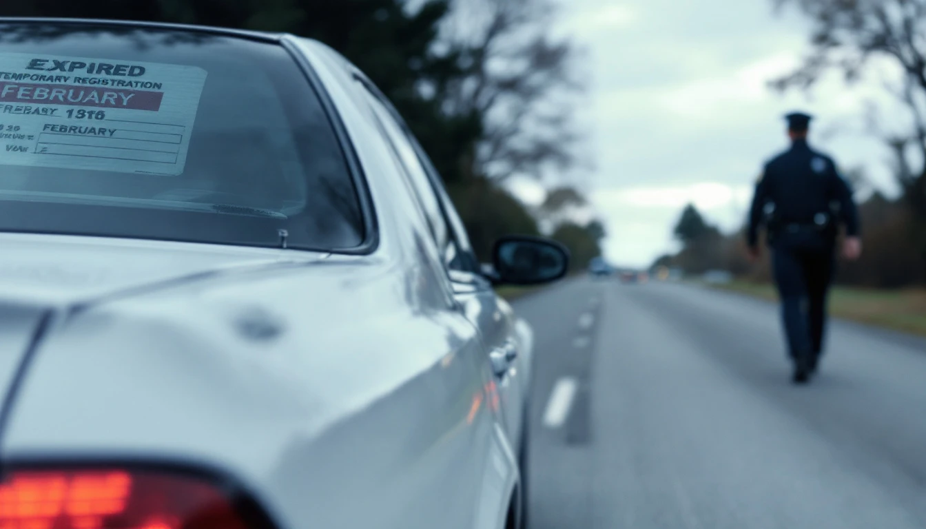 White car with expired temporary registration tag on windshield during roadside traffic stop with officer