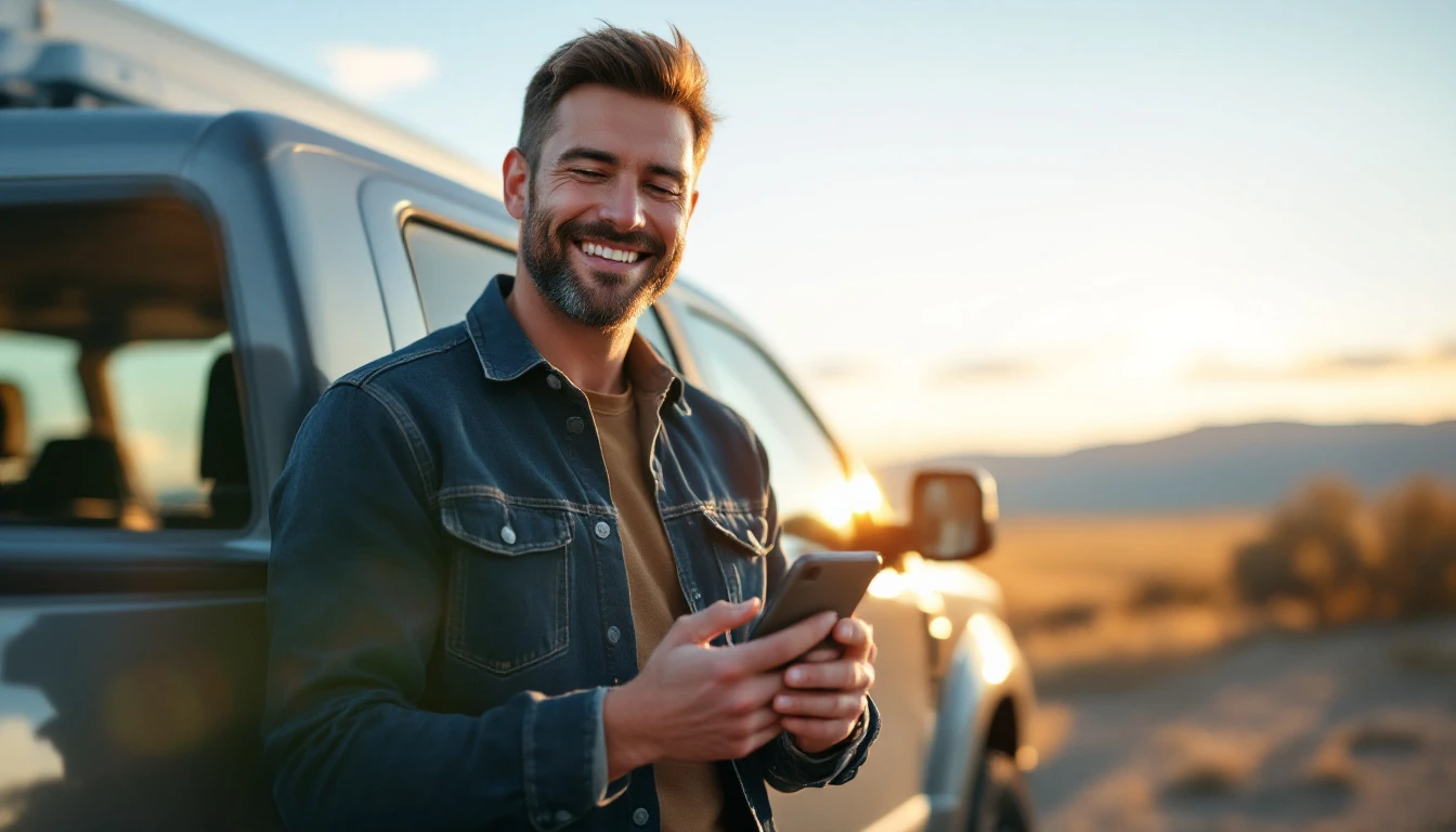 Smiling man holding phone by pickup truck in desert landscape, flexible vehicle registration payment options available