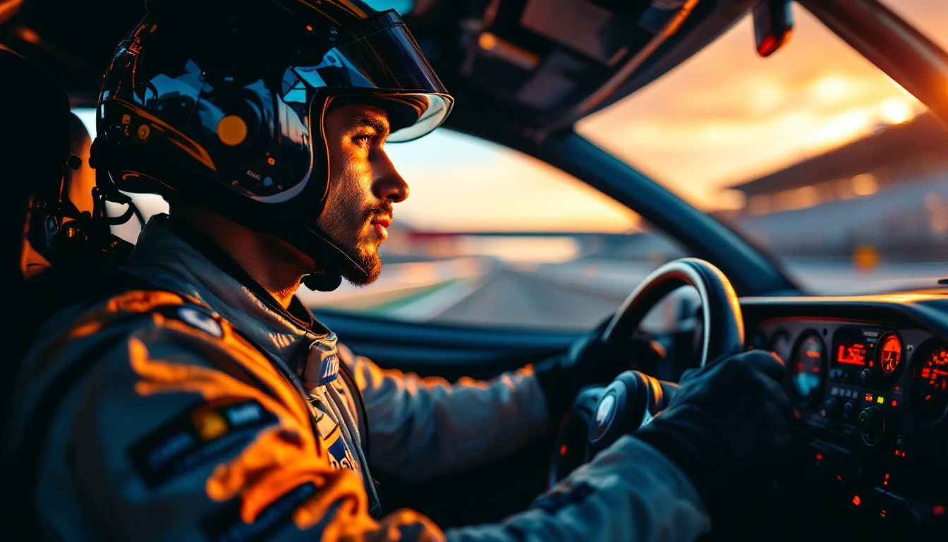 Professional race car driver in cockpit wearing helmet during high-speed racing
