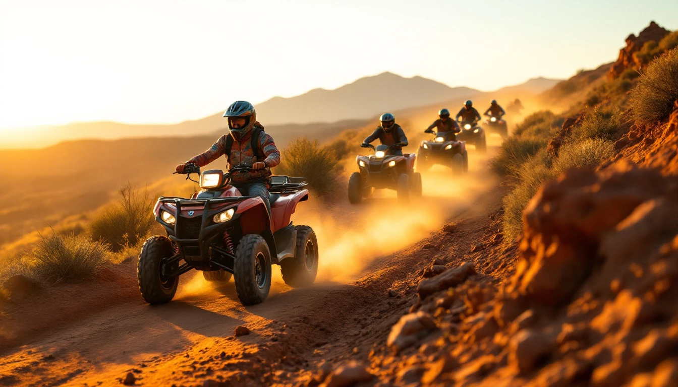 Rider in red gear cornering a Honda dirt bike on a dry trail, kicking up dust with brush and hills behind