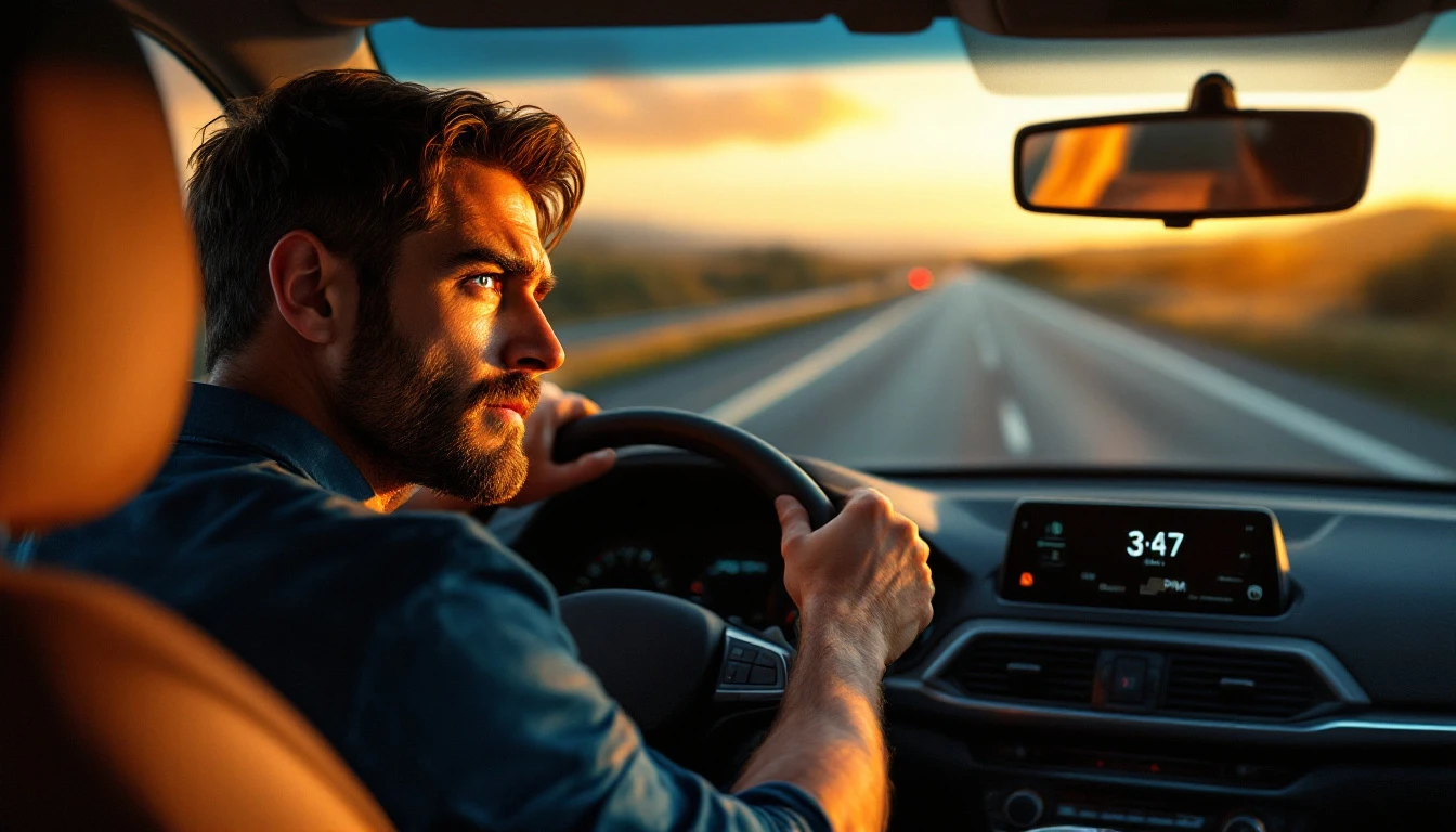 Man driving car on highway at sunset, demonstrating focused attention to prevent drowsy driving accidents