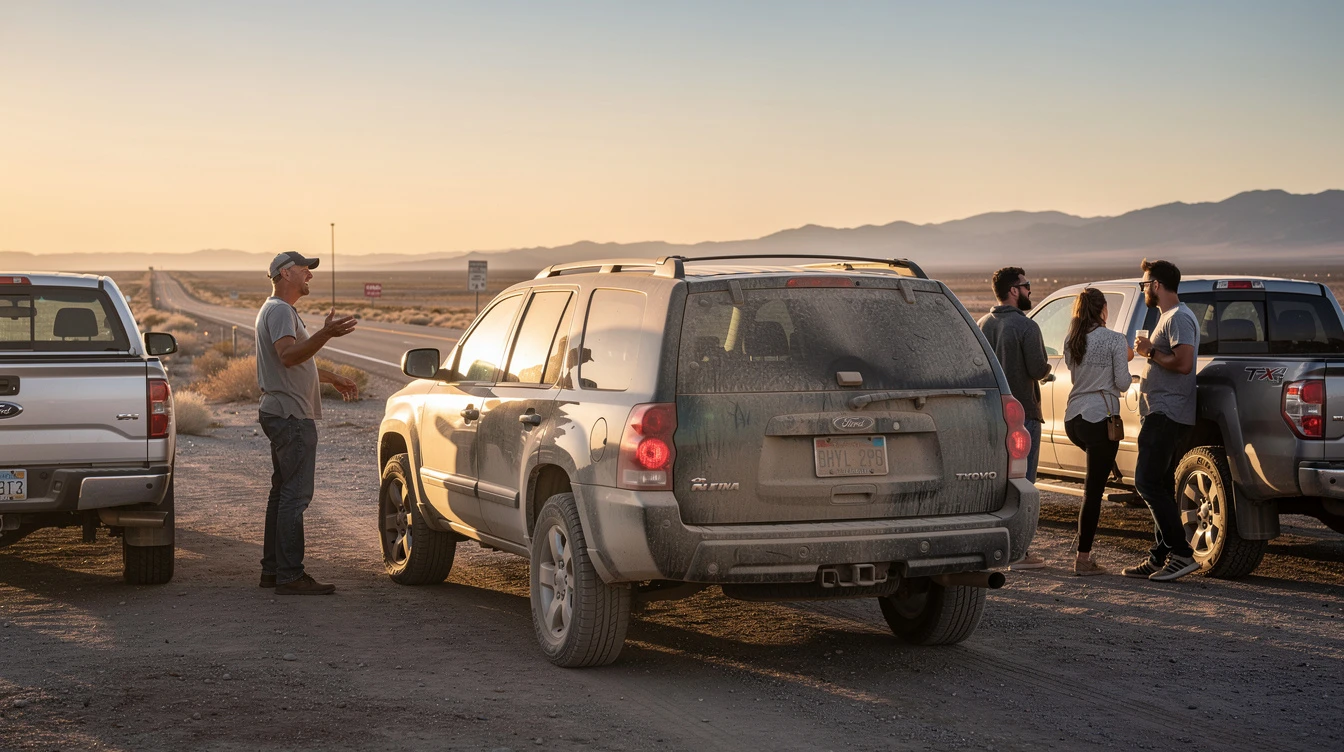 Group of people gathered around trucks in desert landscape discussing vehicle registration options without state residency