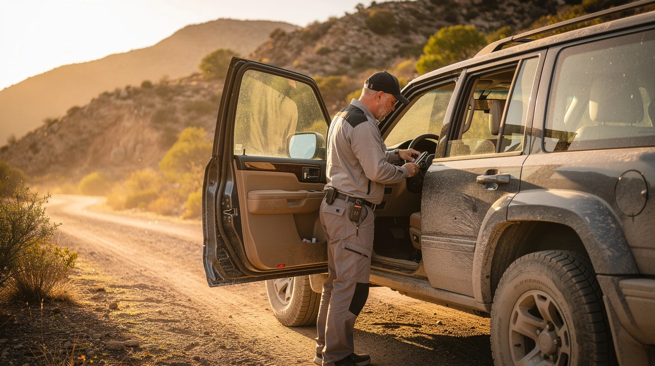 Law enforcement officer conducting VIN inspection on pickup truck in desert terrain for vehicle registration verification.