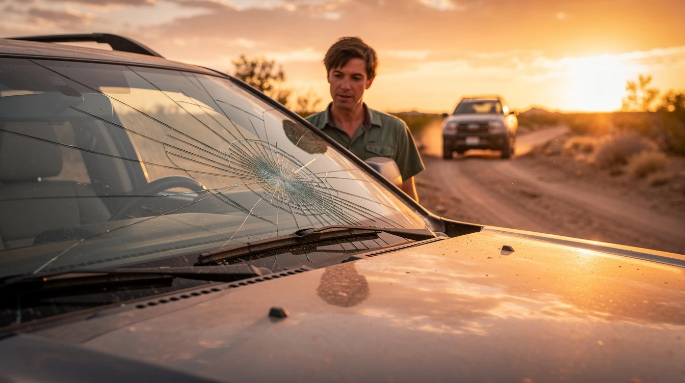 Man examining cracked windshield on car in desert heat during sunset, thermal stress damage