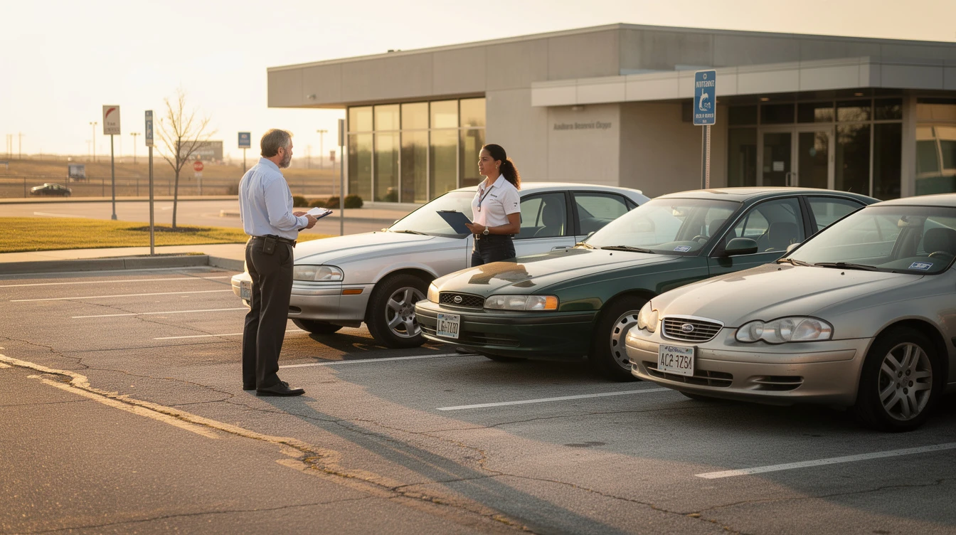Man and woman discussing car registration at dealership lot with three vehicles and suspended registration sign visible