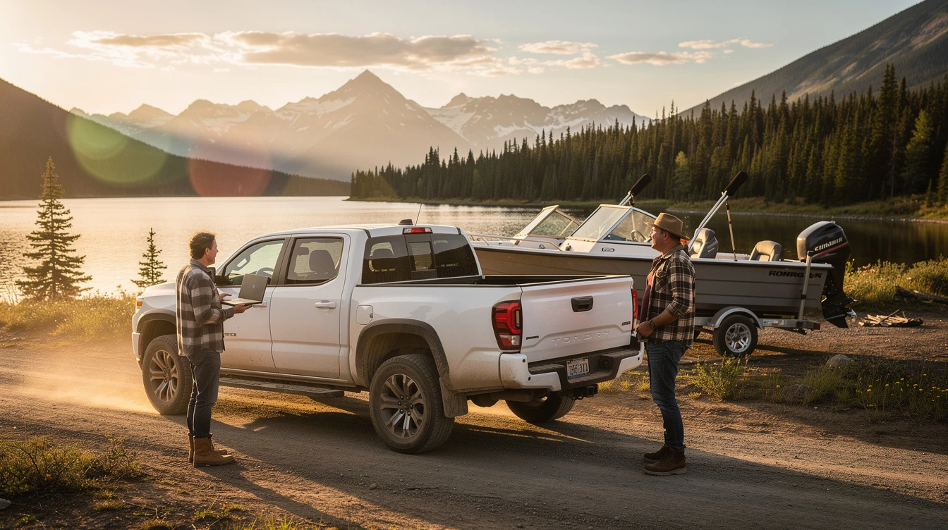 White pickup truck parked at scenic mountain lake with fishing boats