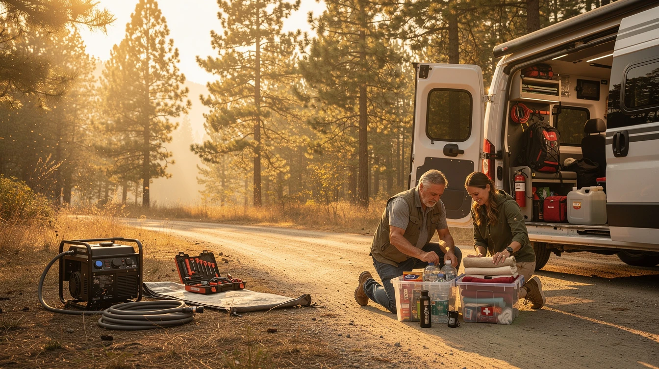 Couple preparing emergency supplies outside RV in forest during wildfire season preparedness planning