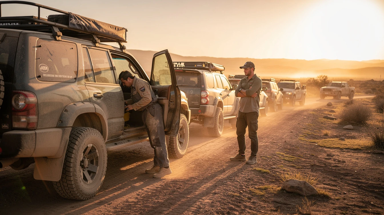 Four-wheel drive vehicles parked on dusty desert road during golden hour sunset with uniformed officials inspecting VIN
