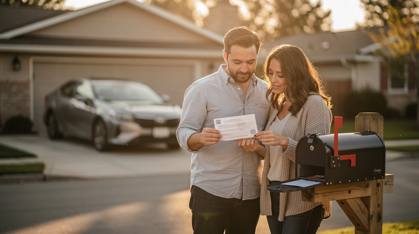 Couple reviewing paperwork at rural property with Toyota SUV and mailbox