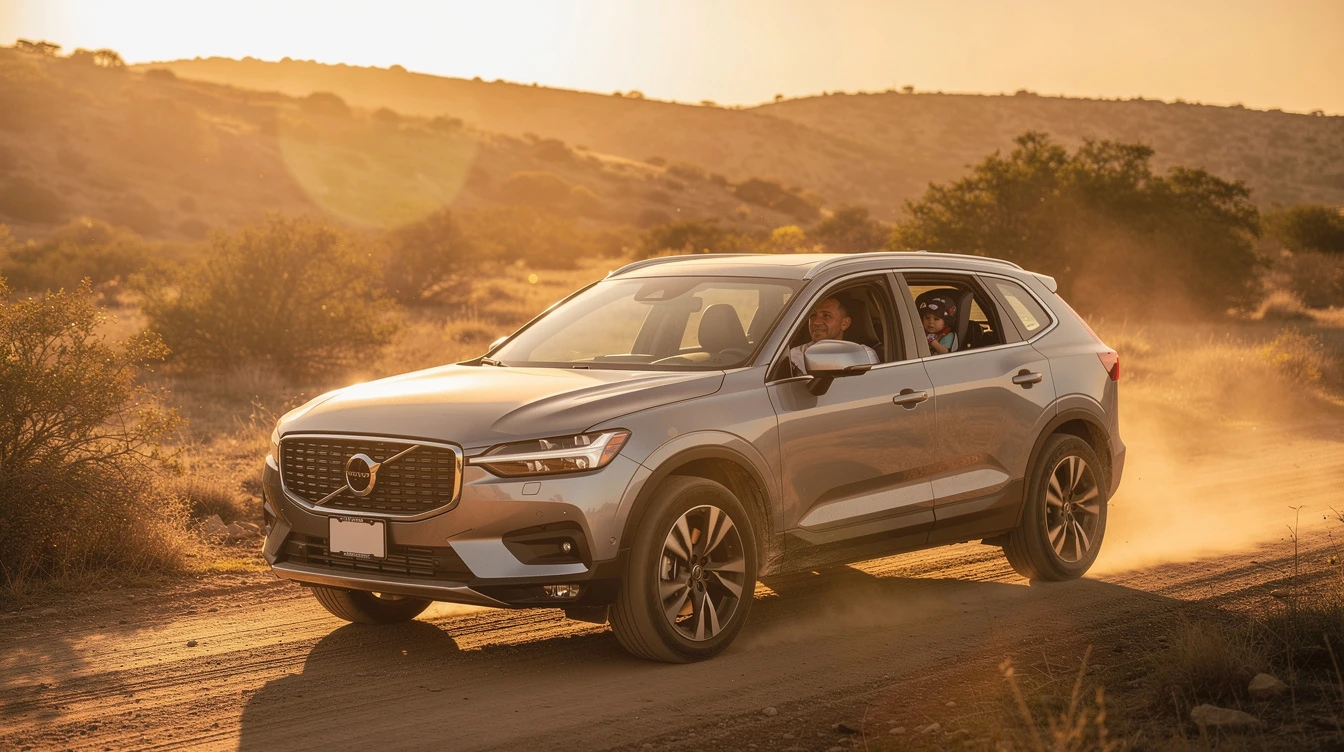 Volvo SUV driving on desert road at sunset, illustrating factors affecting car insurance rates and premiums