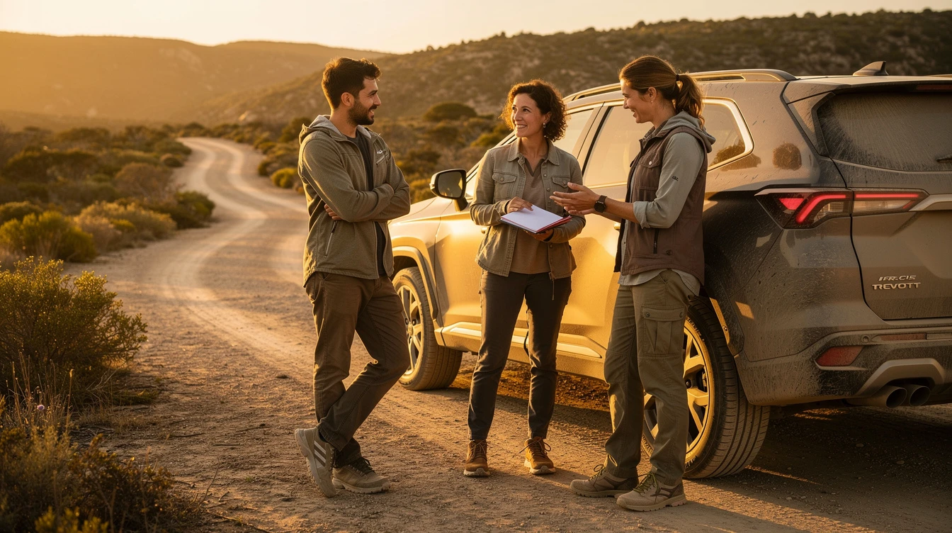 Three people discussing car ownership documents beside vehicles on a scenic desert road at sunset