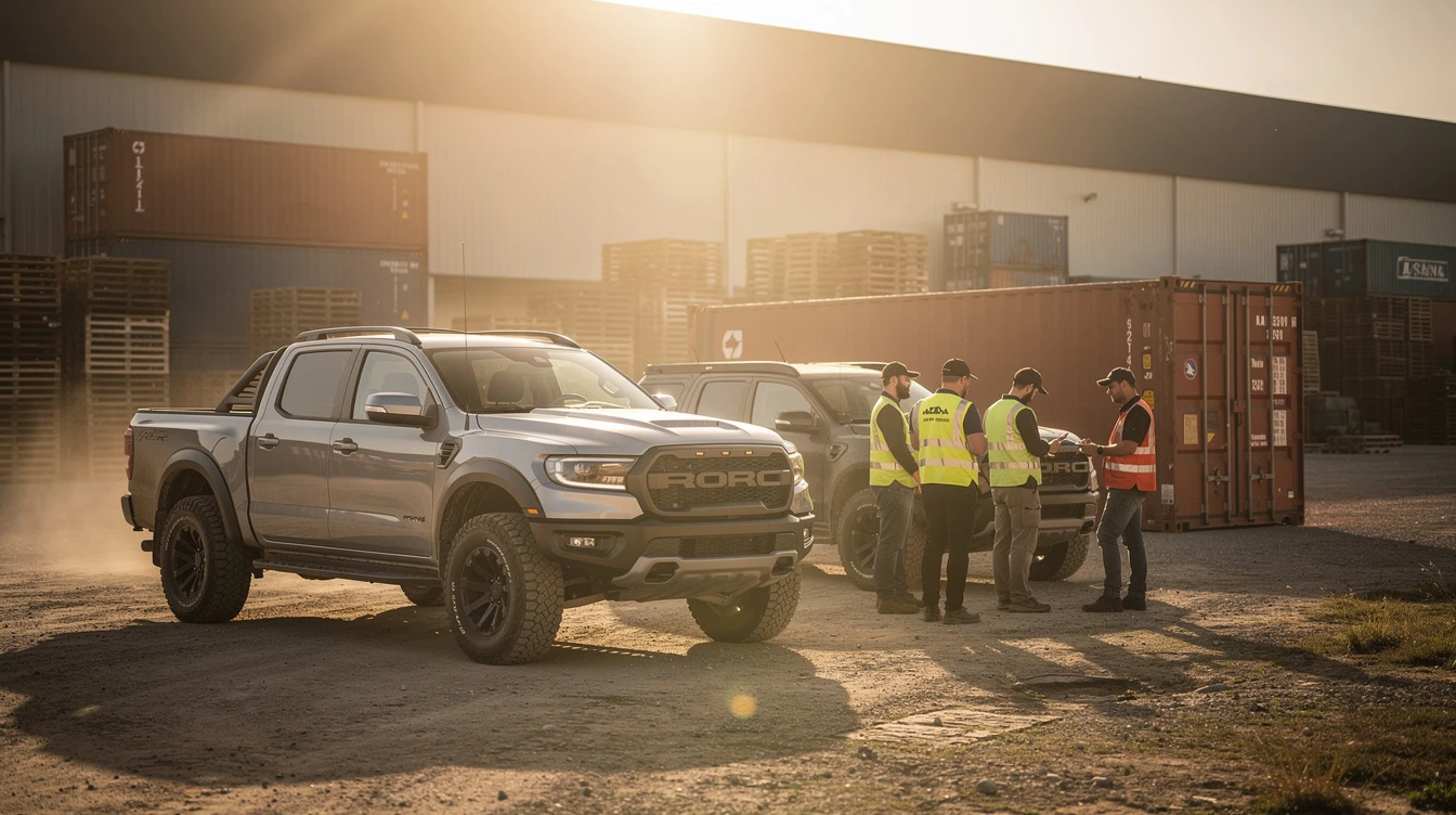 Ford Ranger pickup trucks at industrial site with workers in safety vests examining vehicles and certificates of origin