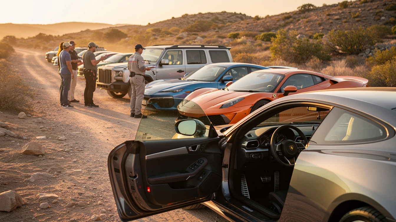 Law enforcement inspecting exotic sports cars on desert road for VIN verification and vehicle authentication