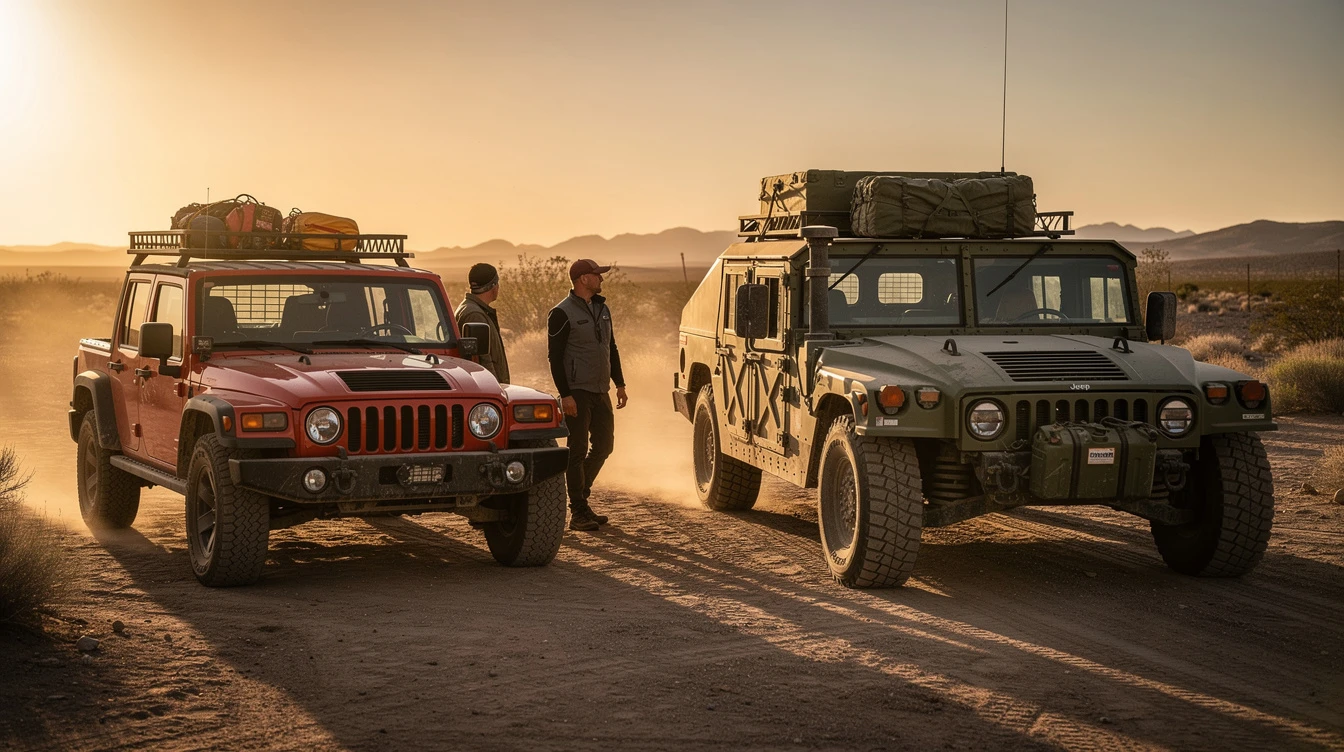 Red Jeep and military green Humvee parked on dusty desert road with two men standing between vehicles at sunset