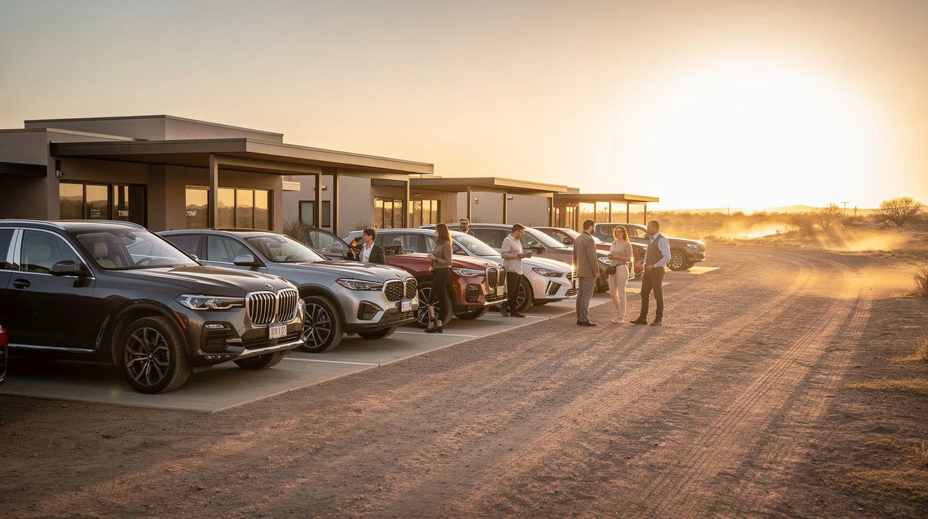 Elevated BMW vehicles lined up at desert dealership with professional staff assisting customers