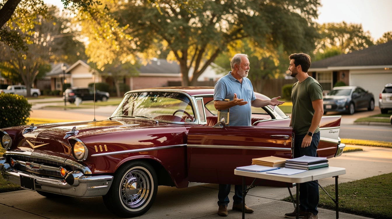 Older man discussing classic car registration benefits with younger man beside vintage maroon sedan in residential driveway