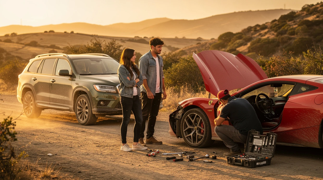 Man repairs red sports car engine while couple stands nearby on rural hillside landscape