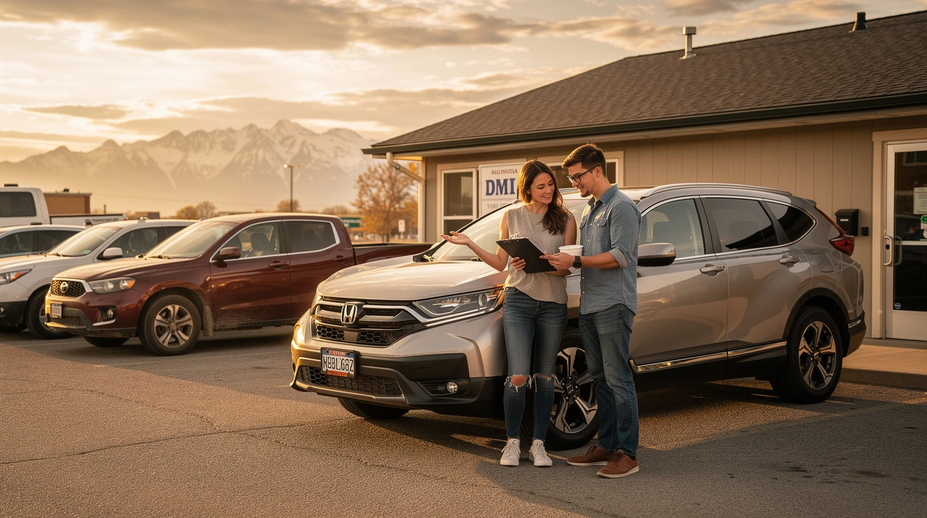 Couple reviewing vehicle purchase documents at Montana dealership with SUVs and mountains in background