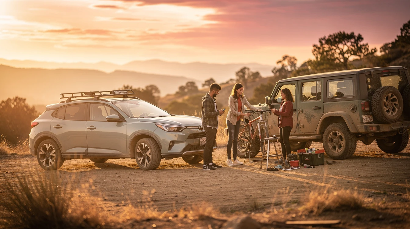 Friends gather at sunset with two vehicles for outdoor adventure
