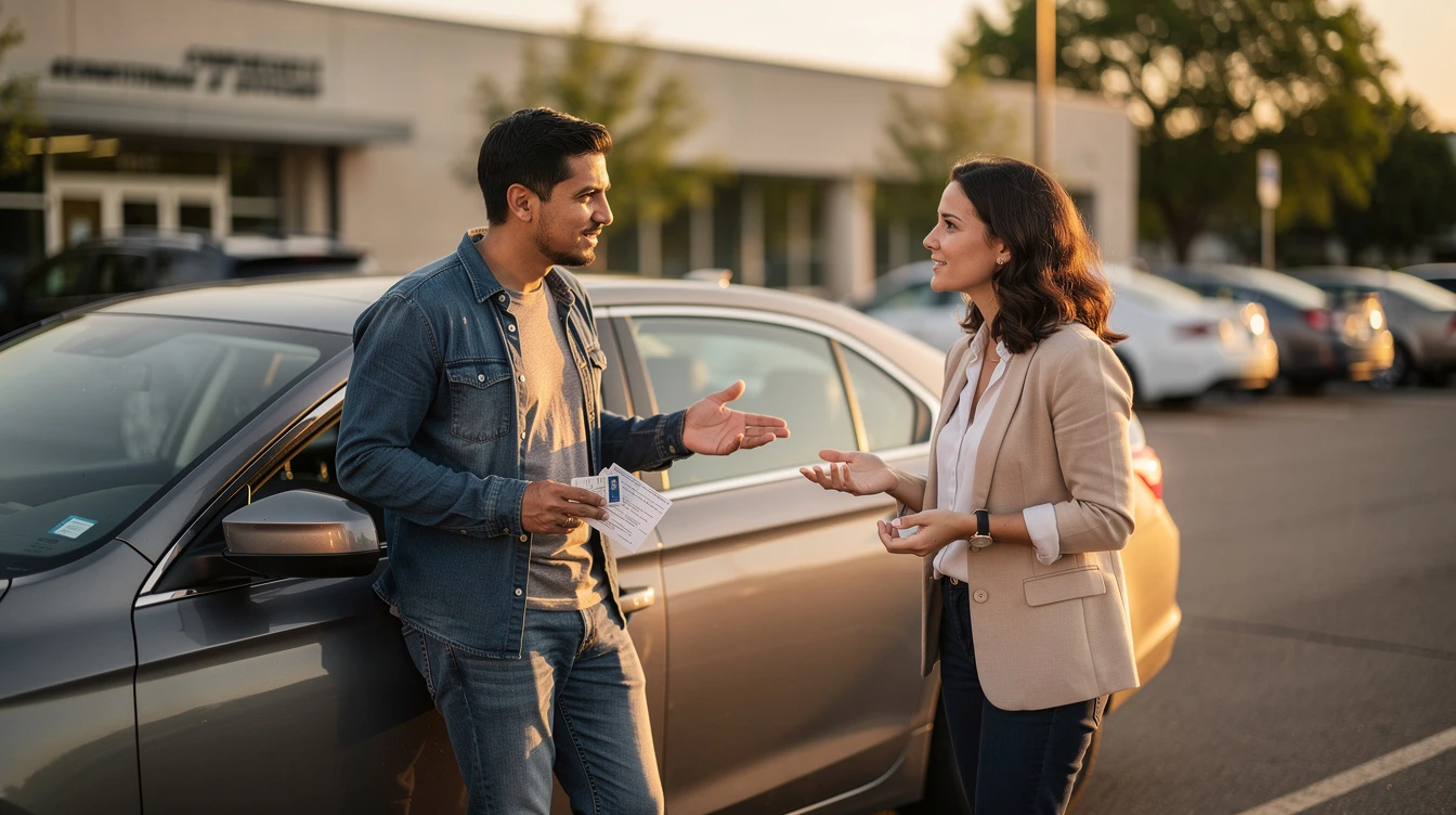 Frustrated man sitting beside broken car with open hood on roadside, representing car ownership issues and title problems