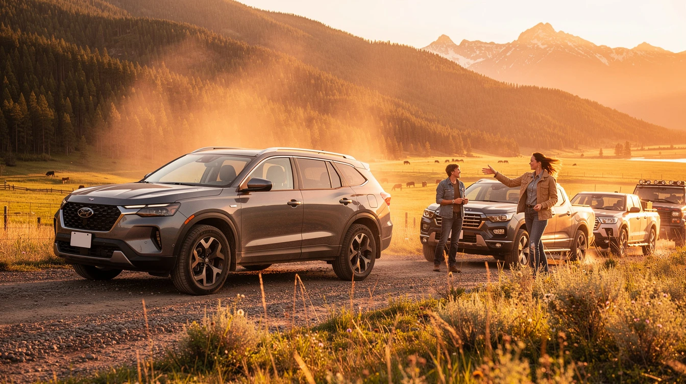 SUVs parked in Montana valley at sunset, representing vehicle ownership and asset protection through Montana LLC registration