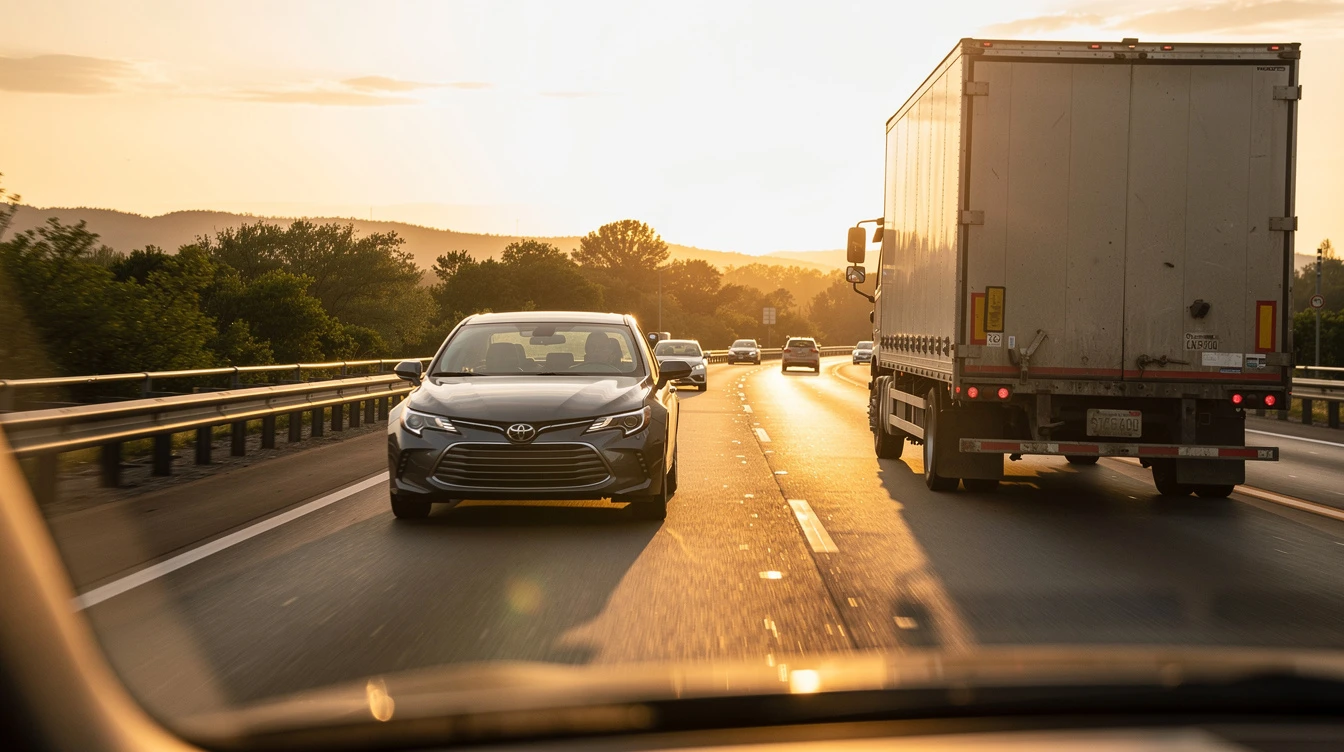 Cars and semi-truck traveling side by side on highway at sunset