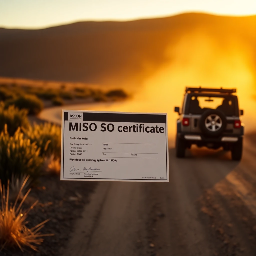 MISO SO certificate displayed on desert road with 4x4 vehicle and golden sunset backdrop