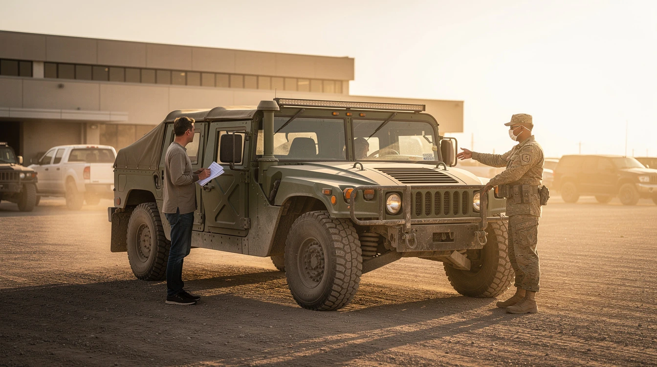 Military HMMWV Humvee inspection with uniformed officer and civilian reviewing registration documents at desert base
