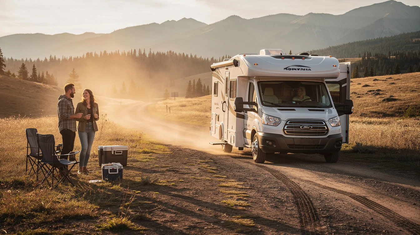 Couple camping beside white Ford motorhome in scenic Montana mountain valley at sunset during RV adventure trip.