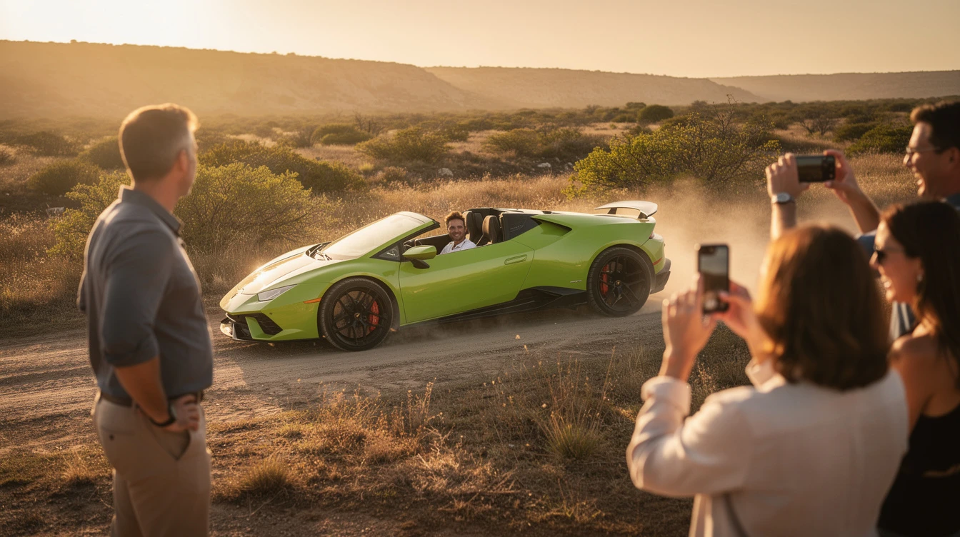 Bright green Lamborghini sports car driven by man on dusty road while family members photograph and watch the exotic vehicle.