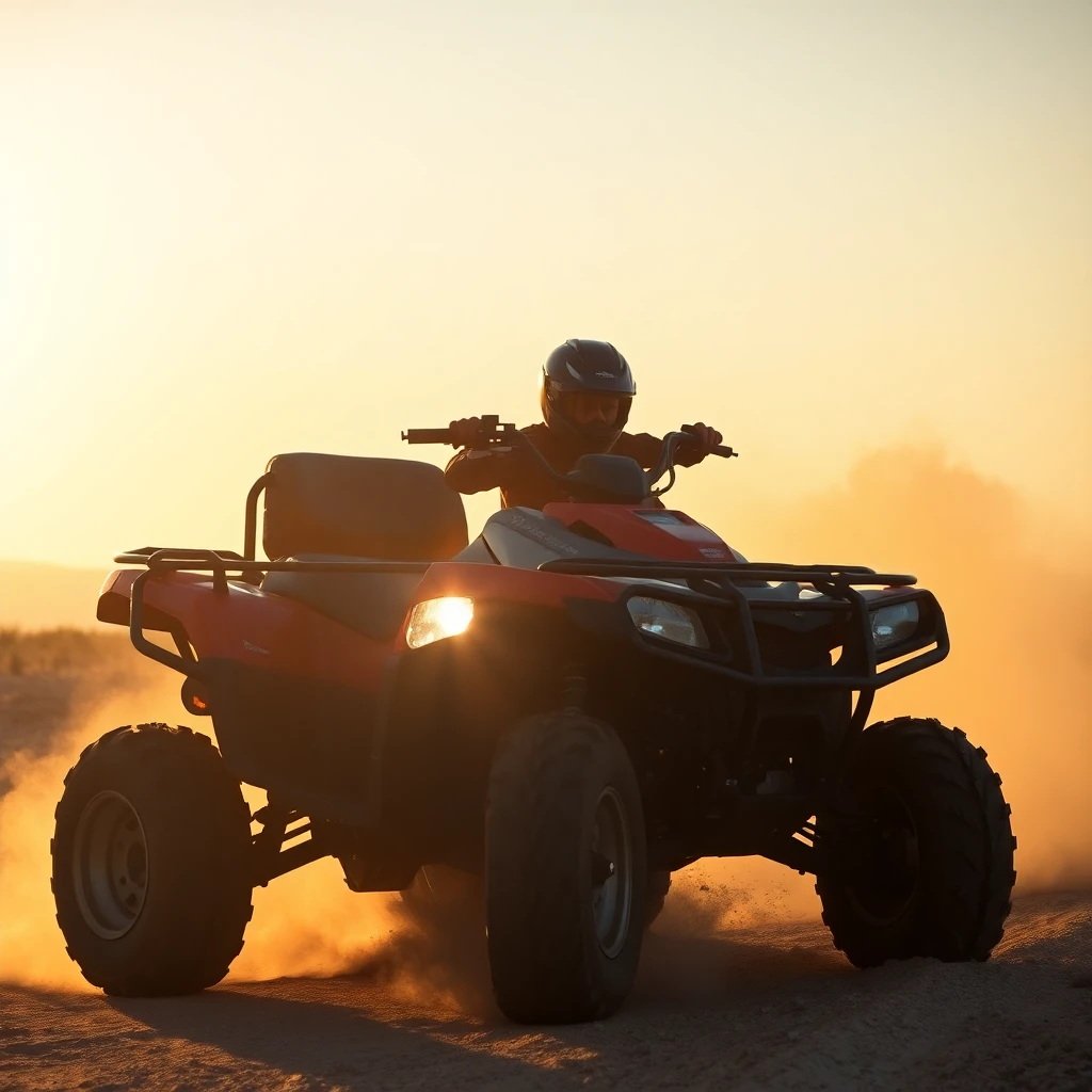 ATV rider in helmet operating side-by-side UTV on dusty desert trail at sunset, street legal recreation.