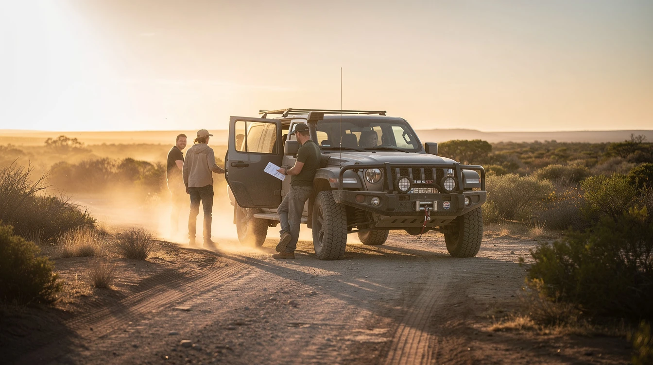 Jeep vehicle stopped on desert road with three people discussing documents during off-road adventure expedition