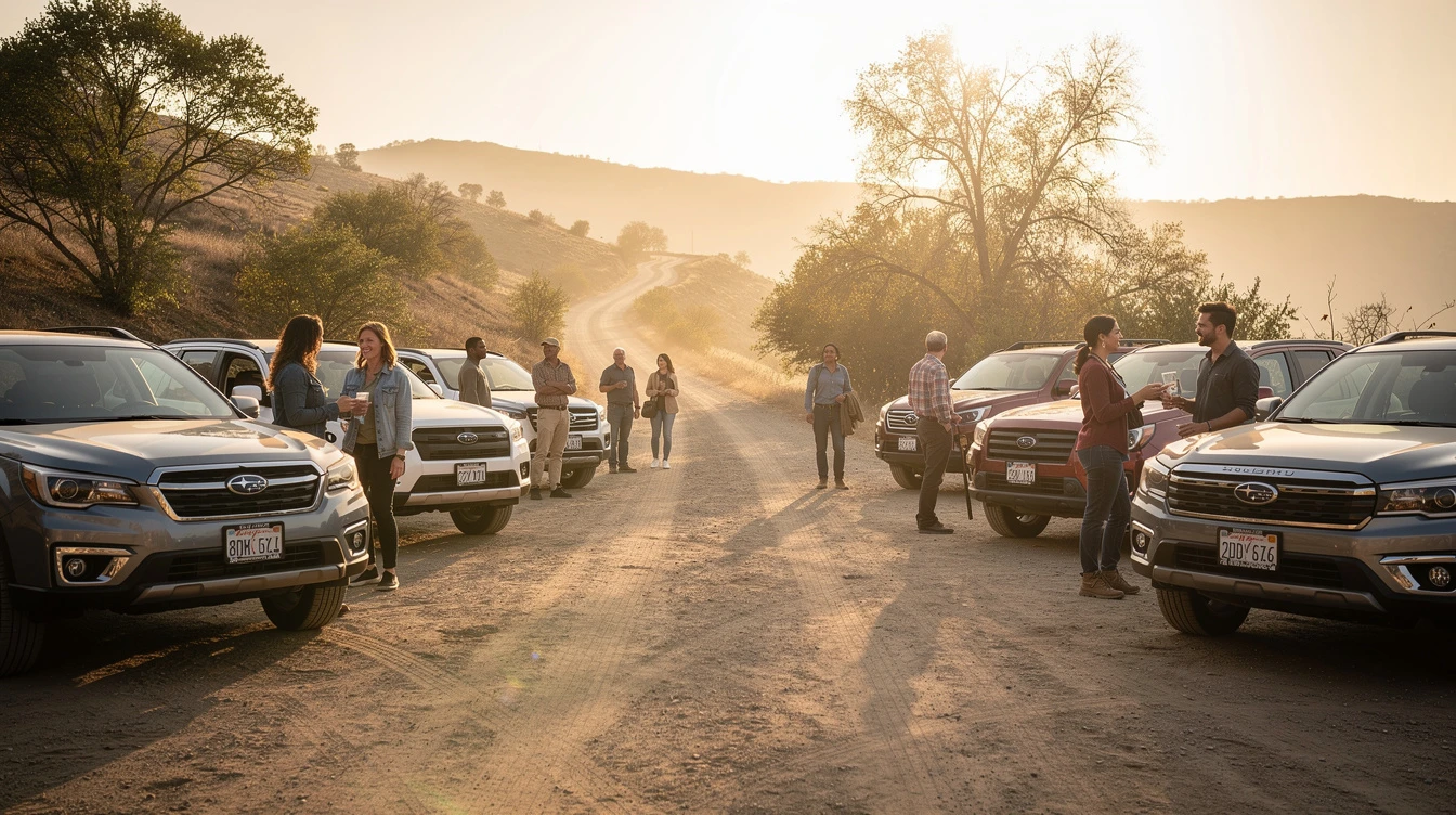 Group of people standing near parked Subaru vehicles on dusty rural road at sunset