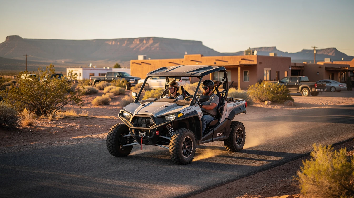 Two riders operate a white and blue side-by-side UTV on a paved road in desert New Mexico landscape with mountains