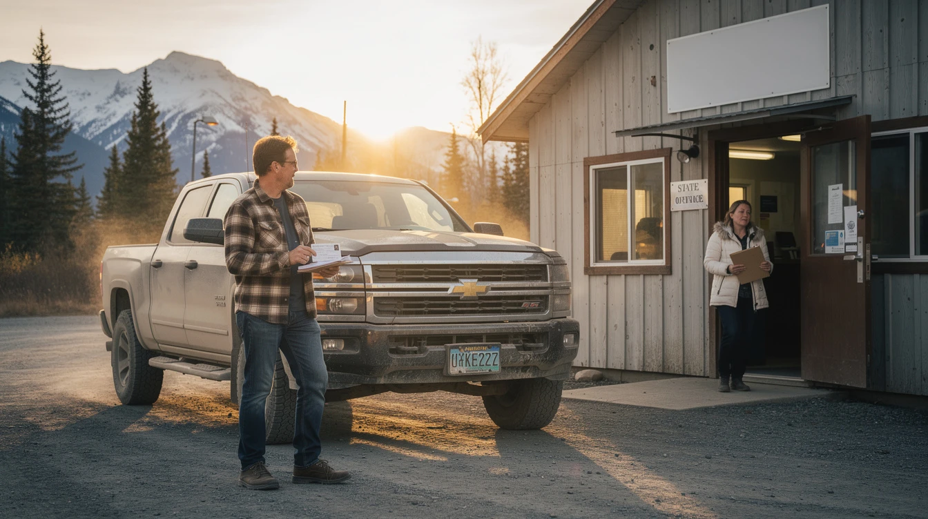 Man holding vehicle registration documents beside pickup truck at Alaska state DMV office with mountains in background